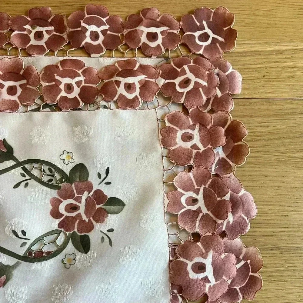 Set of 3 Floral Embroidered Satin Doilies - 16x10 Pink Flower Lace Edge